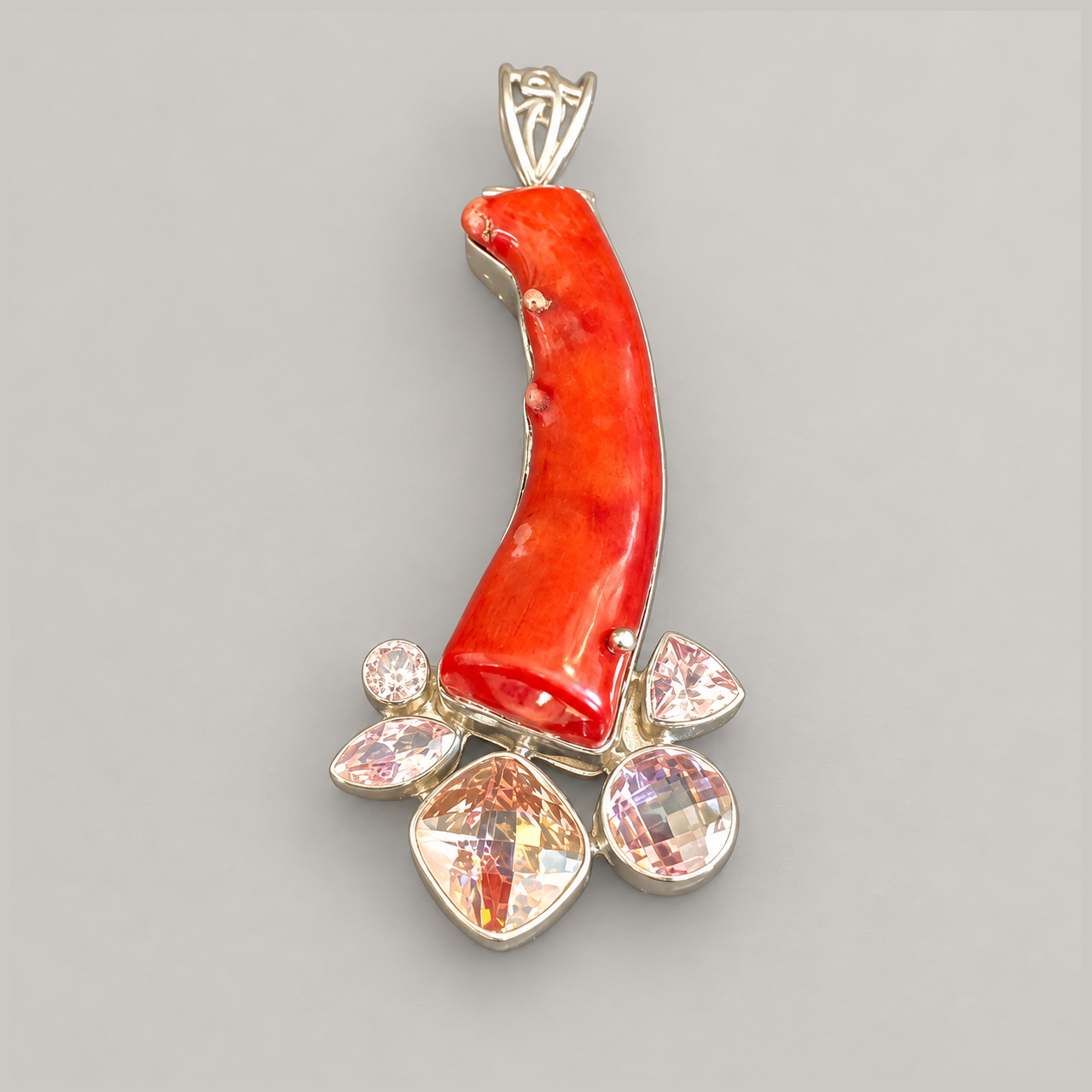 .925 Coral Pendant With Pink Quartz Stones