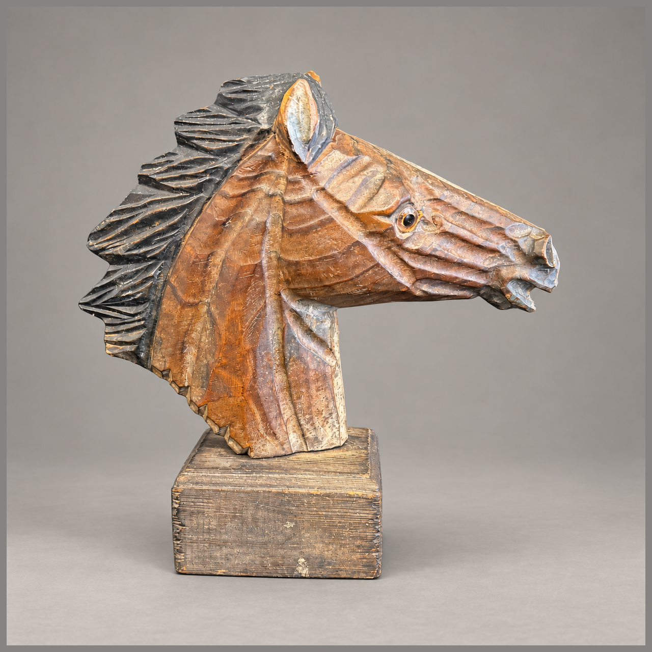 Hand-Carved Wood Horse Head Sculpture