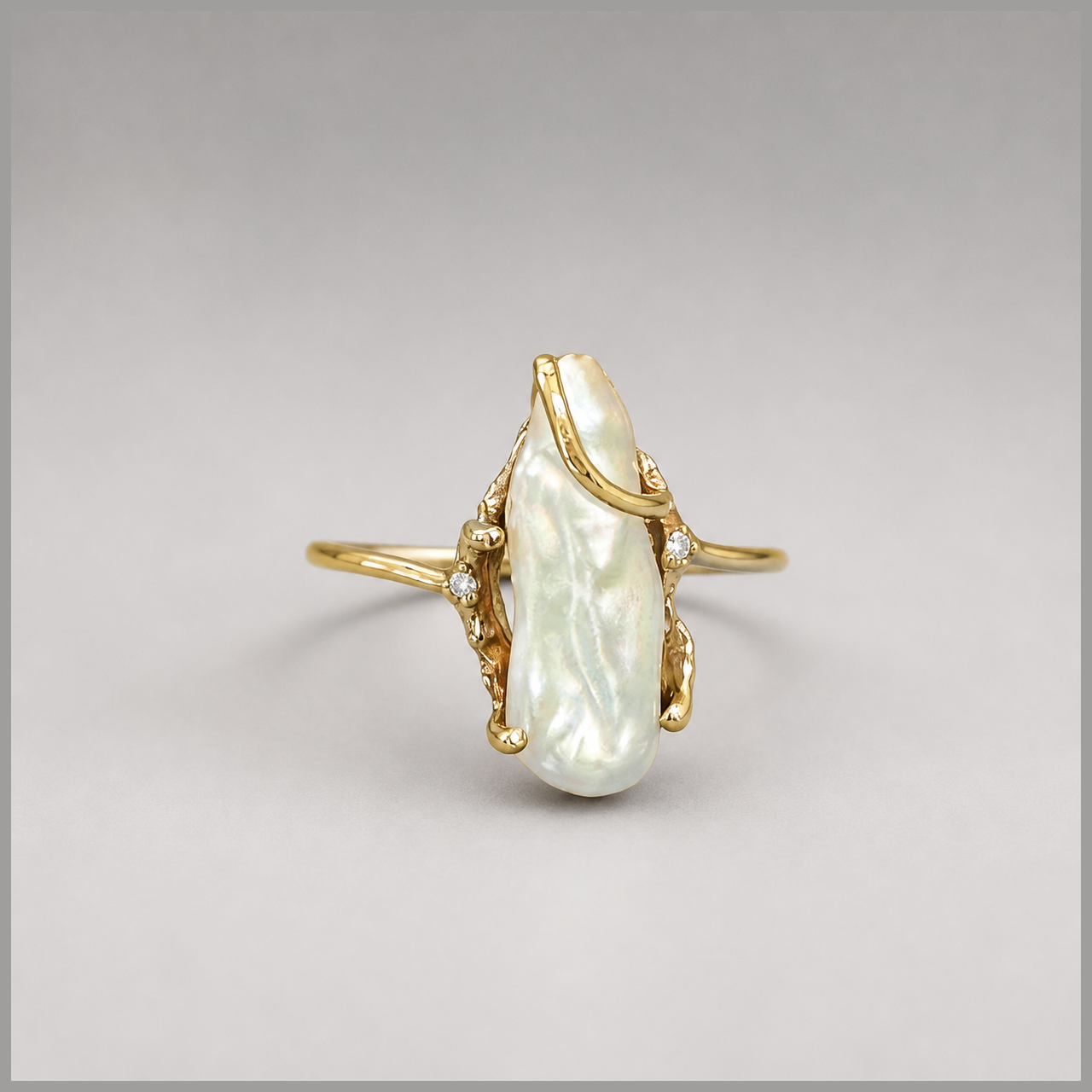 10K Diamond Chip and Pearl Ring, Size 7.25